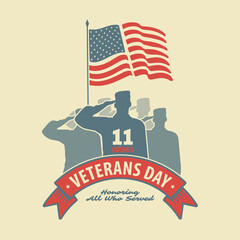 Veterans day poster template. US Army soldier saluting against USA Flag. Vector illustration