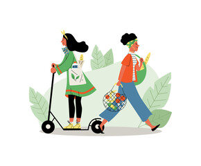 People using eco-friendly transport and products, vector illustration isolated.