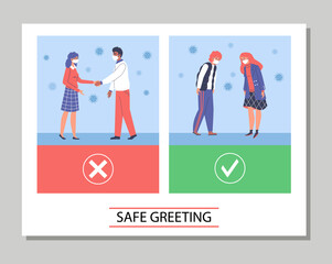 Safe greeting banner with people keep social distance, flat vector illustration.