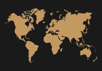 World map vector illustration. Light brown color on a dark gray background. Isolated elements