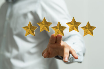 Customer hand touching to yellow illustration 5 stars virtual screening monitor for satisfaction...