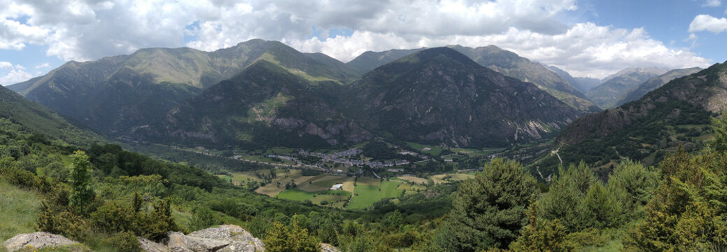 Landscape from the village of Durro. View of the Valley of Bo&iacute; and the village of Barruera. Pyrenees Mountains. Spain. 