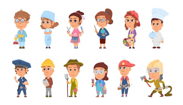 Kids professions. Cartooning science occupation, profession child with book and lab equipment. Children in various industry, decent vector set