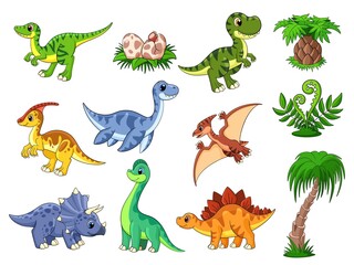 Cartoon dinosaurussen. Leuke dino, dinosaurus en palm. Kleur dieren in het wild karakters, prehistorisch roofdier. Grappige baby dieren opzichtig vector collectie
