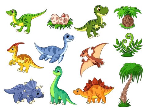 Cartoon dinosaurs. Cute dino, dinosaur and palm. Color wildlife characters, prehistoric predator. Funny baby animals garish vector collection