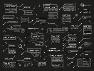 Callouts. Technology callout template, digital information frames. Computers futuristic text box, info hud style display. Cyber tidy vector collection