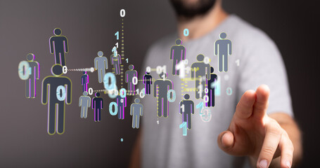 holding 3D rendering group of blue people