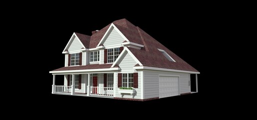 Render of a classic American country house. 3d illustration.