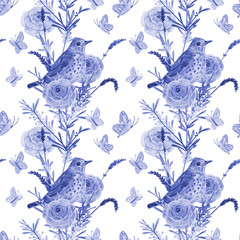 zwart-wit blauwe textuur met vogels in bloemen boeketten van weide bloemen en vliegende vlinders op witte achtergrond. aquarel schilderen
