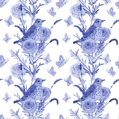 Foto op Plexiglas Blauw wit zwart-wit blauwe textuur met vogels in bloemen boeketten van weide bloemen en vliegende vlinders op witte achtergrond. aquarel schilderen