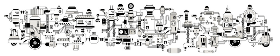 Vector Horizontal Illustration of Complex Mechanism on White Color Background. Product Production Concept. Line Art Style Design of Retro Machine