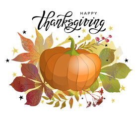 Happy Thanksgiving banner with pumpkin, autumn leaves and lettering inscription. Banner design template for market, website or thanksgiving day backgrounds.