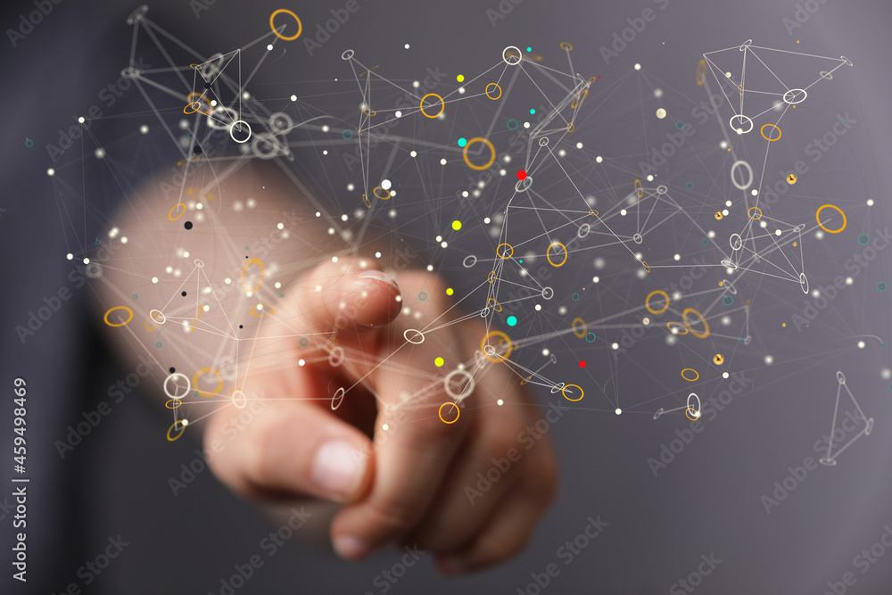 Poster Molecular background with DNA. Network with connecting dots and lines.