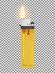 Plastic transparent lighter with lit flame - obrazy, fototapety, plakaty