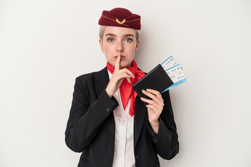 Young air hostess caucasian woman holding passport isolated on white background keeping a secret or asking for silence.