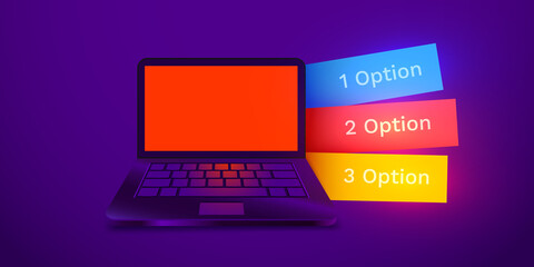 Infographic design with realistic 3d laptop computer with colorful options tabs wallpaper. Can be used for workflow layout, diagram, chart.