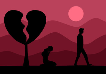 Broken heart concept vector illustration. Crying woman and walking away man with  broken heart tree in flat design. Bad Valentine’s Day. Breakup or divorced couple.