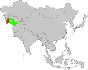 Map of Turkmenistan with national flag on Gray map of Asia