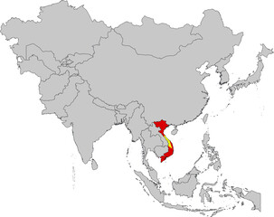 Map of Vietnam with national flag on Gray map of Asia