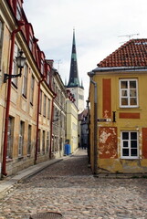 Fototapeta na wymiar Buidlings along a street in the Old Town, Tallinn, Estonia