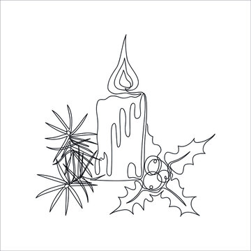Christmas composition drawn by one line. Candle, mistletoe,  spuce branch. Vector illustration. 