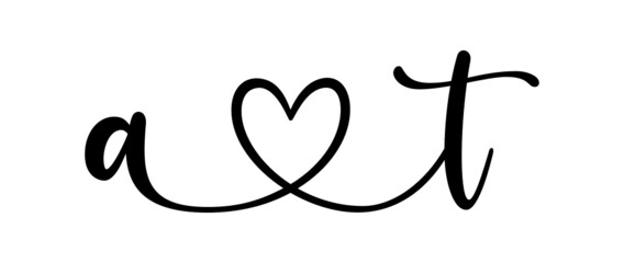 at, ta, letters with heart Monogram, monogram wedding logo. Love icon, couples Initials, lower case, connecting HEART, home decor,