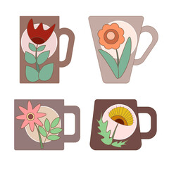 Vector set of four separate cozy cups with flowers.
