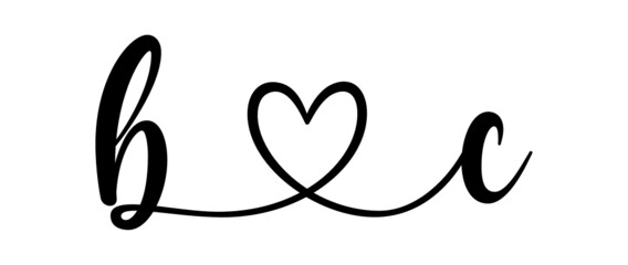 bc, cb, letters with heart Monogram, monogram wedding logo. Love icon, couples Initials, lower case, connecting HEART, home decor,