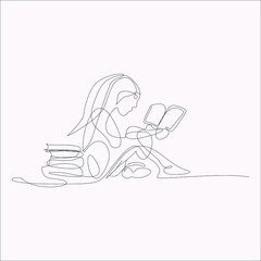 Continuous line drawing of Girl studying with a reading book. Back to school concept. Vector illustration on white background.
