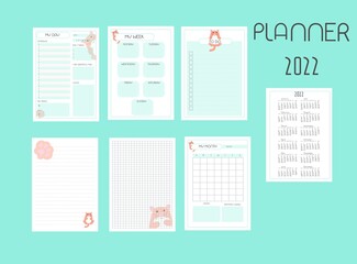 planner 2022with cat,Set of minimalist planners, my day my week my month calendar and writing sheets vector,printable to do list. Business organizer page. Paper sheet.