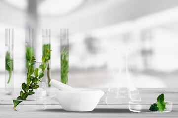 Biological experiment presentation with green leaves and water in biological test tubes.