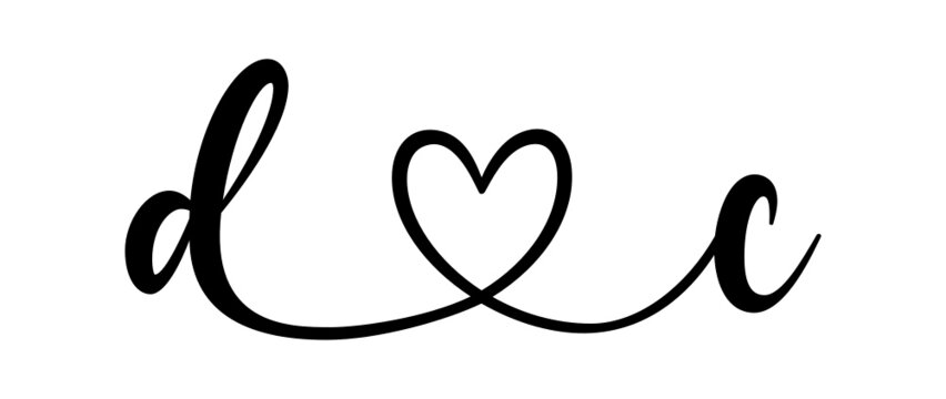 dc, cd, letters with heart Monogram, monogram wedding logo. Love icon, couples Initials, lower case, connecting HEART, home decor,