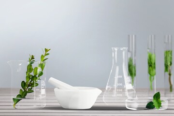 Biological experiment presentation with green leaves and water in biological test tubes.