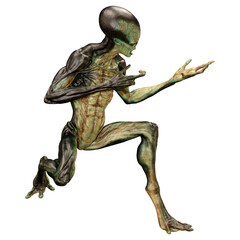 3D Rendering Green Alien on White