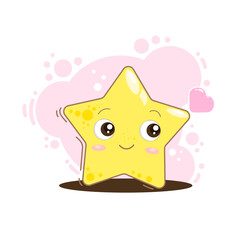 Vector character сute yellow star on pink background. Nice clip art. Lovely sticker.
