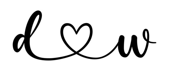 dw, wd, letters with heart Monogram, monogram wedding logo. Love icon, couples Initials, lower case, connecting HEART, home decor,