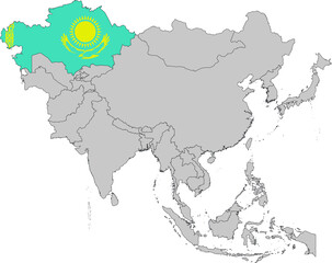 Map of Kazakhstan with national flag on Gray map of Asia