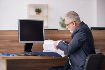 Aged male employee sitting at workplace