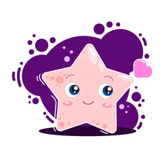 Vector character сute pink star on purple background. Lovely clipart. Kawaii sticker.