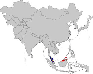 Map of Malaysia with national flag on Gray map of Asia