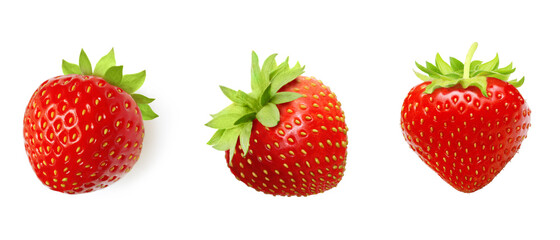 Close-up berry set on white background. Three perfect strawberry isolated.
