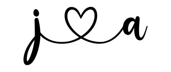 ja, aj, letters with heart Monogram, monogram wedding logo. Love icon, couples Initials, lower case, connecting HEART, home decor,