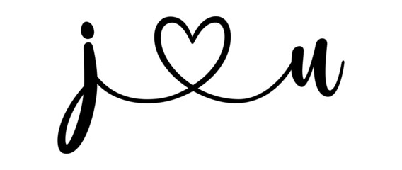 ju, uj, letters with heart Monogram, monogram wedding logo. Love icon, couples Initials, lower case, connecting HEART, home decor,