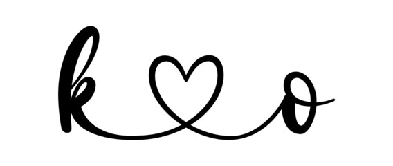ko, ok, letters with heart Monogram, monogram wedding logo. Love icon, couples Initials, lower case, connecting HEART, home decor,