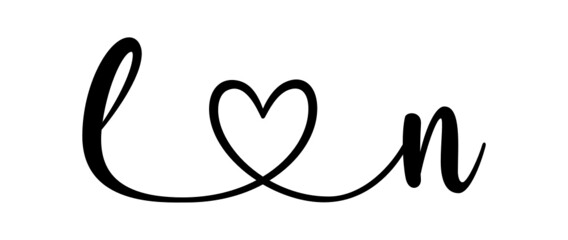 ln, nl, letters with heart Monogram, monogram wedding logo. Love icon, couples Initials, lower case, connecting HEART, home decor,