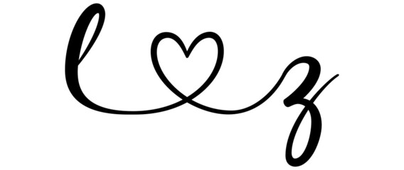 lz, zl, letters with heart Monogram, monogram wedding logo. Love icon, couples Initials, lower case, connecting HEART, home decor,