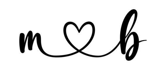 mb, bm, letters with heart Monogram, monogram wedding logo. Love icon, couples Initials, lower case, connecting HEART, home decor,