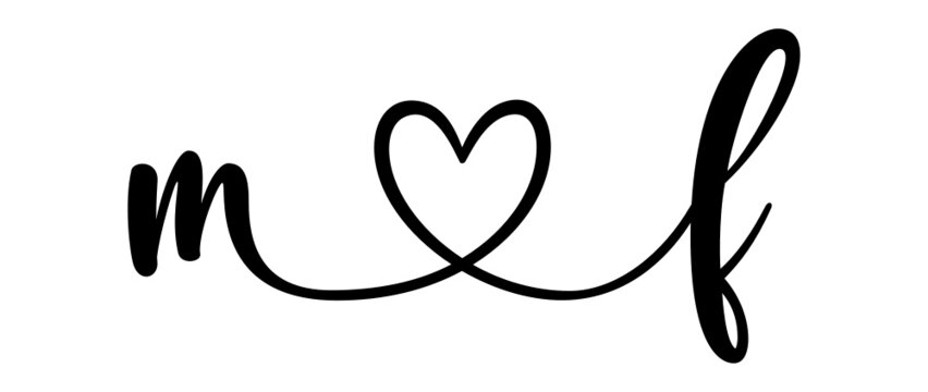 mf, fm, letters with heart Monogram, monogram wedding logo. Love icon, couples Initials, lower case, connecting HEART, home decor,