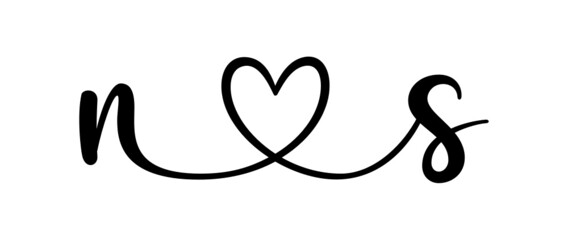 ns, sn, letters with heart Monogram, monogram wedding logo. Love icon, couples Initials, lower case, connecting HEART, home decor,