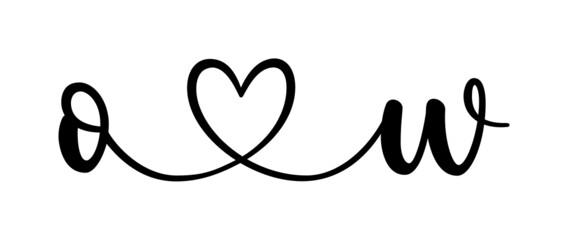 ow, wo, letters with heart Monogram, monogram wedding logo. Love icon, couples Initials, lower case, connecting HEART, home decor,